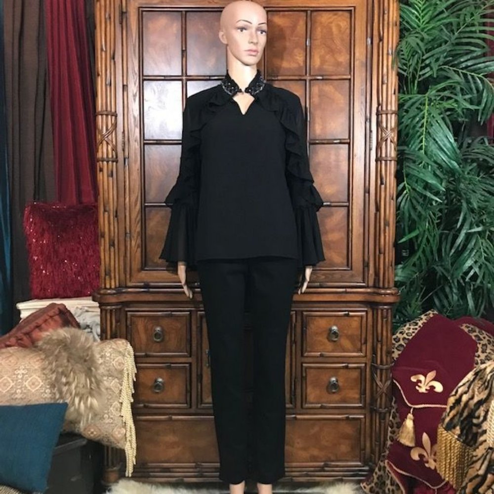 Black Ruffle Beaded Collar Poet Sleeve Chiffon Bl… - image 4